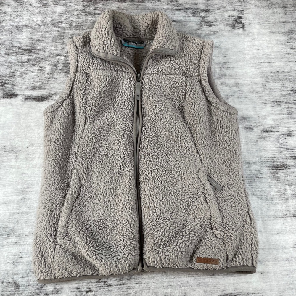 Free Country Womens Sherpa Fleece Vest Taupe Gray Full Zip Mock Neck Small